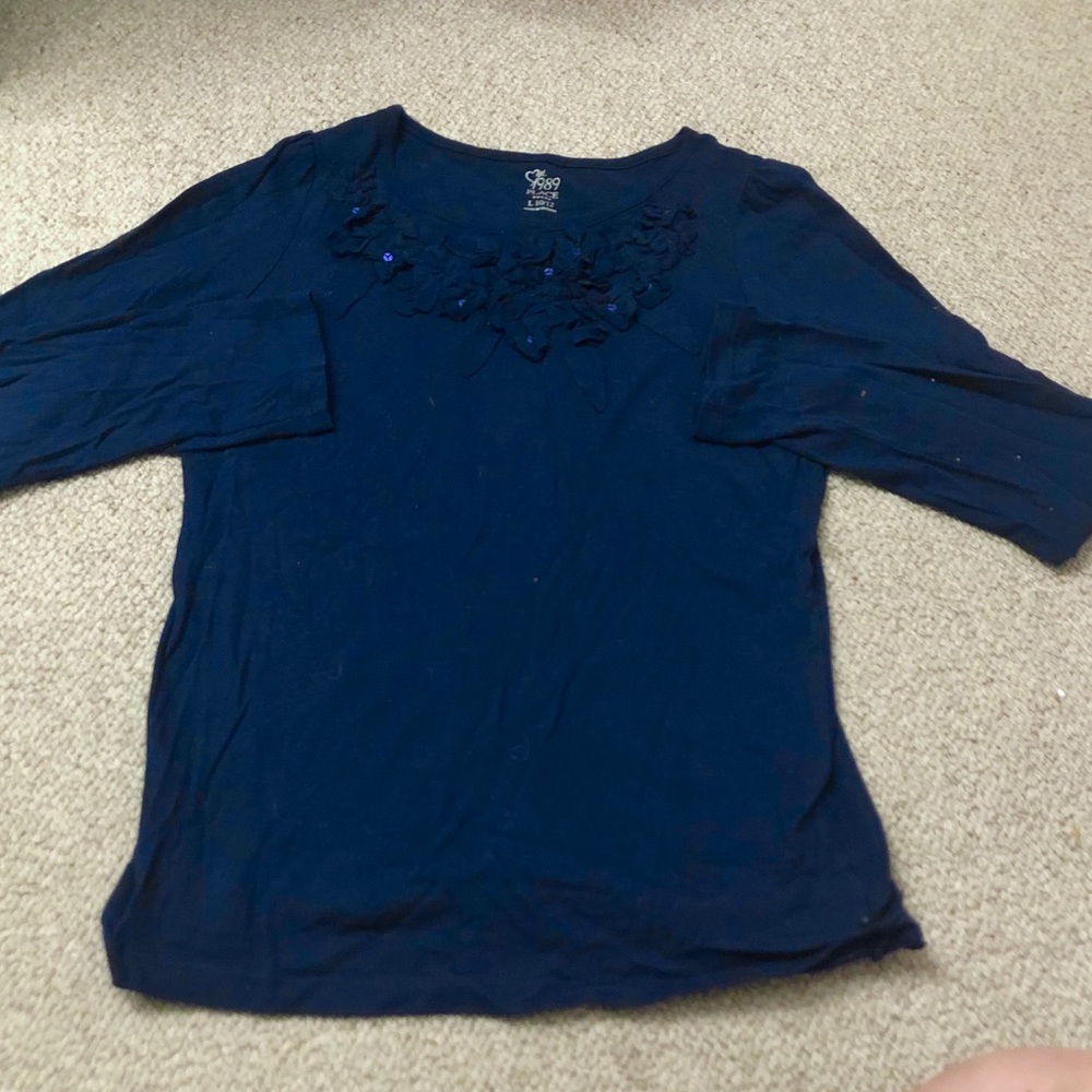 Navy blue sequin flower long sleeve shirt
